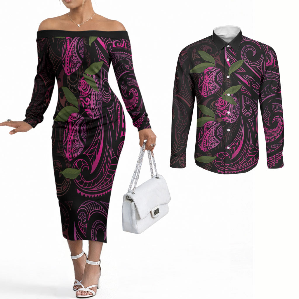 Hawaiian Mango Tribal Tattoo Couples Matching Off The Shoulder Long Sleeve Dress and Long Sleeve Button Shirt Pink Pacific Traditional Pattern LT9 Pink - Polynesian Pride