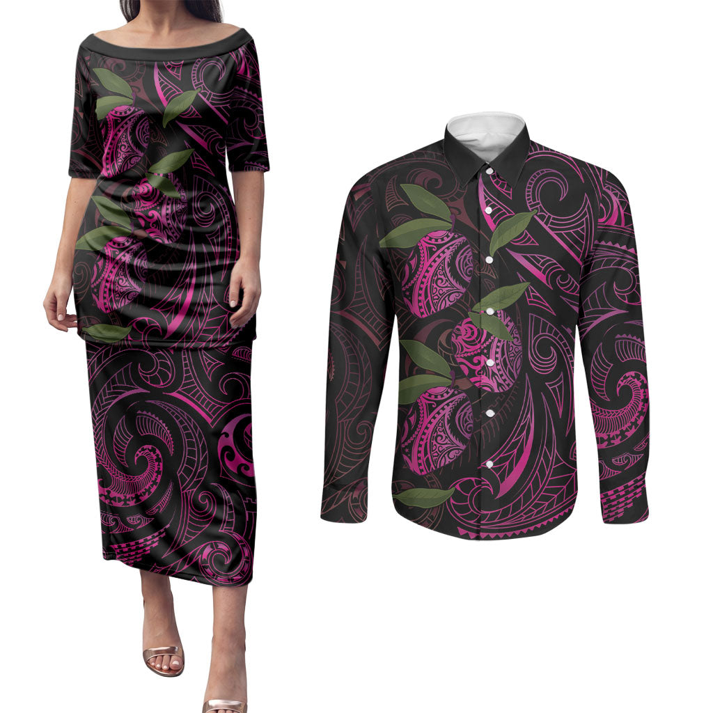 Hawaiian Mango Tribal Tattoo Couples Matching Puletasi and Long Sleeve Button Shirt Pink Pacific Traditional Pattern LT9 Pink - Polynesian Pride