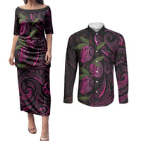 Hawaiian Mango Tribal Tattoo Couples Matching Puletasi and Long Sleeve Button Shirt Pink Pacific Traditional Pattern LT9 Pink - Polynesian Pride
