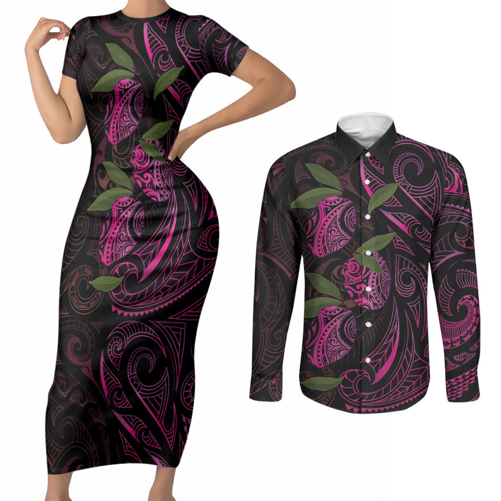 Hawaiian Mango Tribal Tattoo Couples Matching Short Sleeve Bodycon Dress and Long Sleeve Button Shirt Pink Pacific Traditional Pattern LT9 Pink - Polynesian Pride