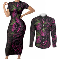 Hawaiian Mango Tribal Tattoo Couples Matching Short Sleeve Bodycon Dress and Long Sleeve Button Shirt Pink Pacific Traditional Pattern LT9 Pink - Polynesian Pride