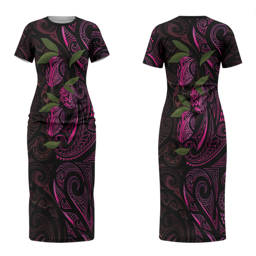 Hawaiian Mango Tribal Tattoo Couples Matching Short Sleeve Bodycon Dress and Long Sleeve Button Shirt Pink Pacific Traditional Pattern LT9 - Polynesian Pride