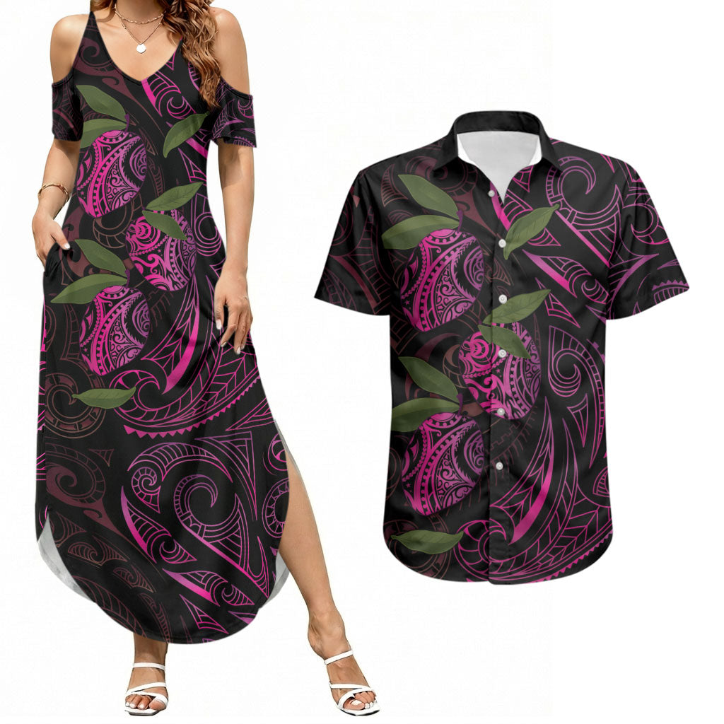 Hawaiian Mango Tribal Tattoo Couples Matching Summer Maxi Dress and Hawaiian Shirt Pink Pacific Traditional Pattern LT9 Pink - Polynesian Pride