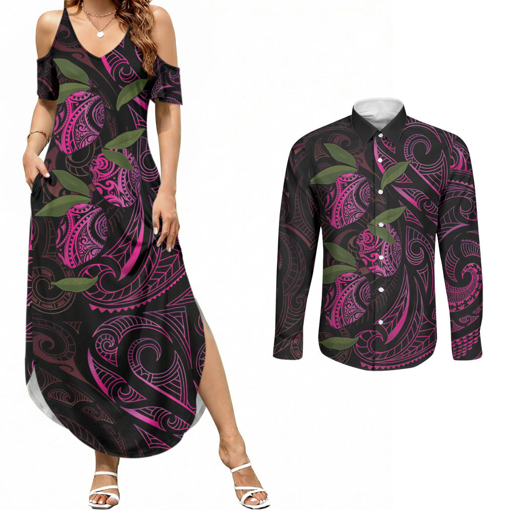 Hawaiian Mango Tribal Tattoo Couples Matching Summer Maxi Dress and Long Sleeve Button Shirt Pink Pacific Traditional Pattern LT9 Pink - Polynesian Pride