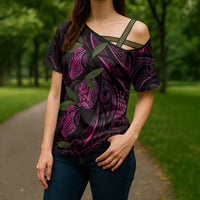 Hawaiian Mango Tribal Tattoo Cross Shoulder Shirt Pink Pacific Traditional Pattern LT9 - Polynesian Pride