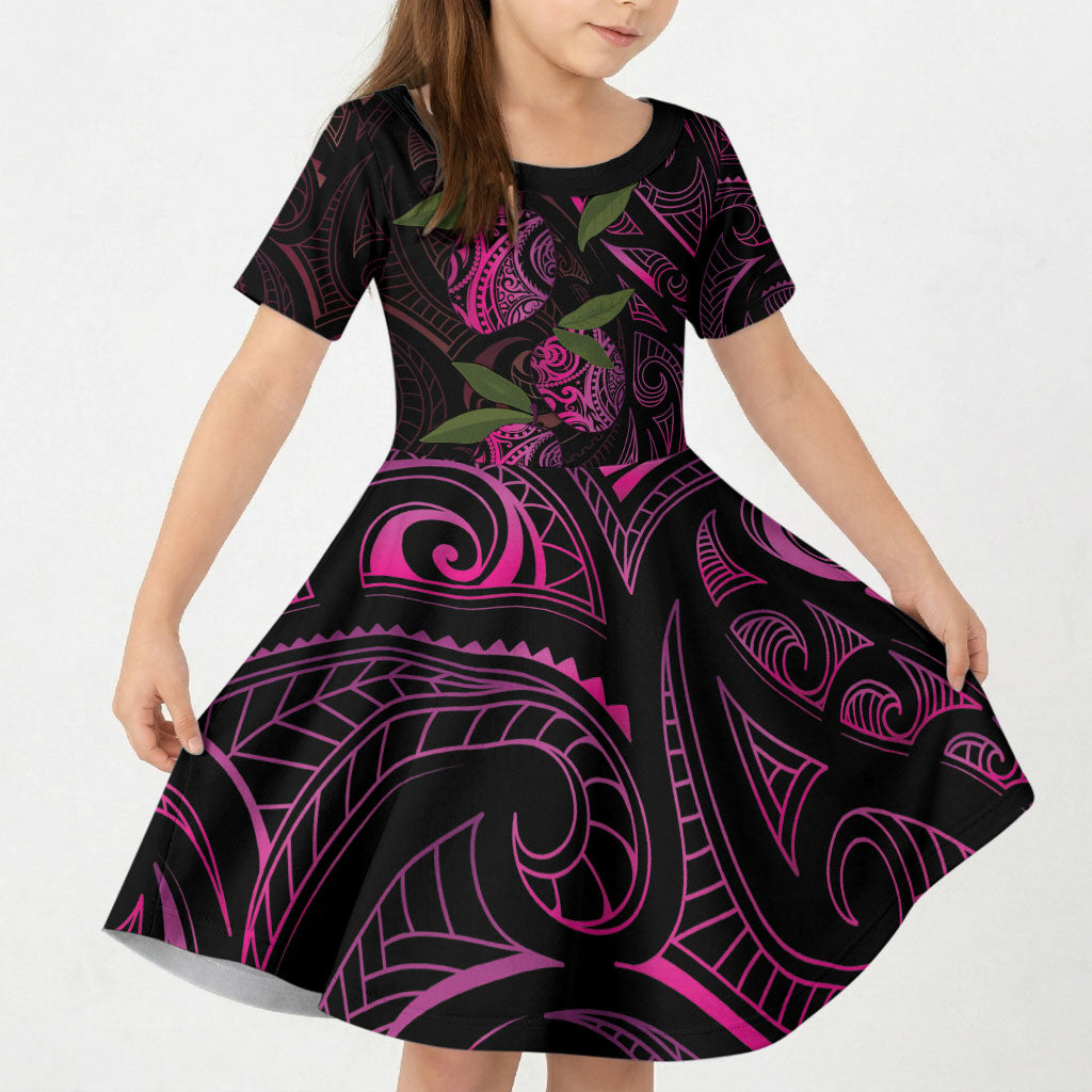Hawaiian Mango Tribal Tattoo Kid Short Sleeve Dress Pink Pacific Traditional Pattern LT9 KID Pink - Polynesian Pride