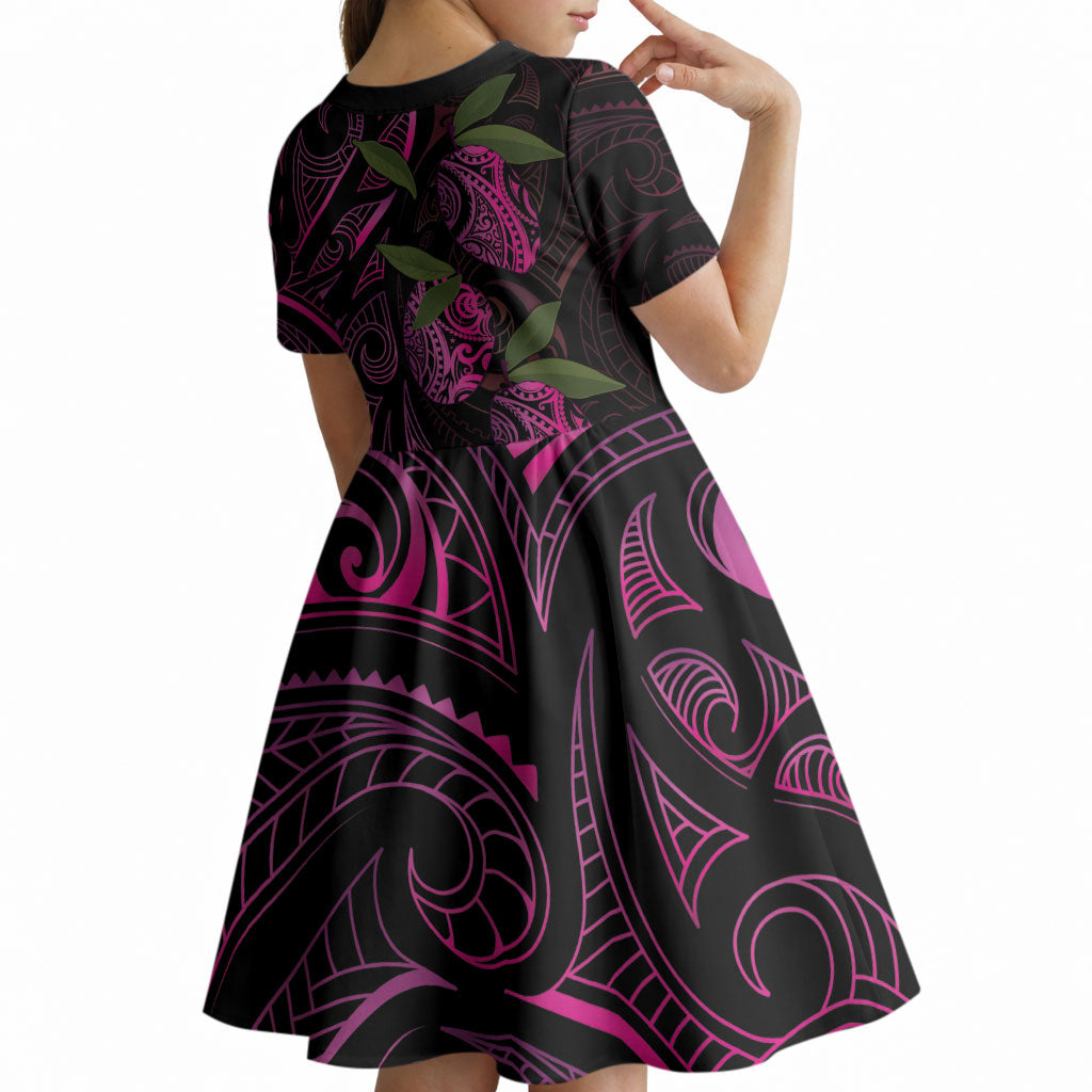 Hawaiian Mango Tribal Tattoo Kid Short Sleeve Dress Pink Pacific Traditional Pattern LT9 - Polynesian Pride