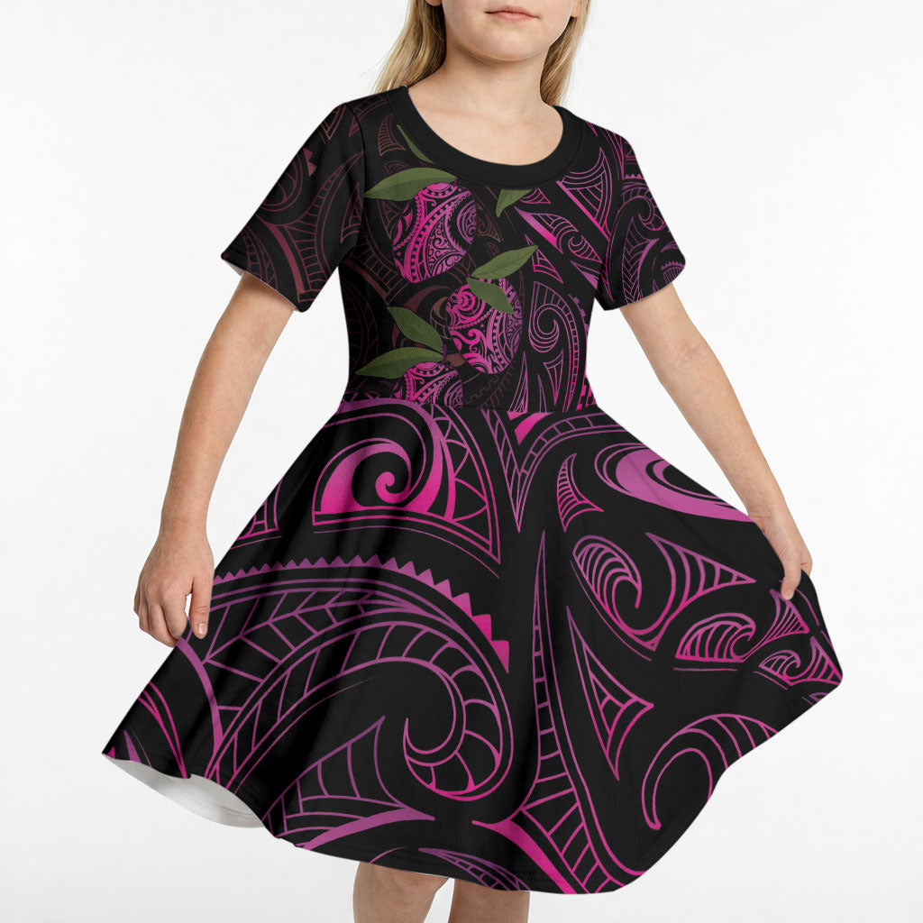 Hawaiian Mango Tribal Tattoo Kid Short Sleeve Dress Pink Pacific Traditional Pattern LT9 - Polynesian Pride