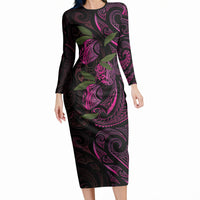 Hawaiian Mango Tribal Tattoo Long Sleeve Bodycon Dress Pink Pacific Traditional Pattern LT9 Long Dress Pink - Polynesian Pride