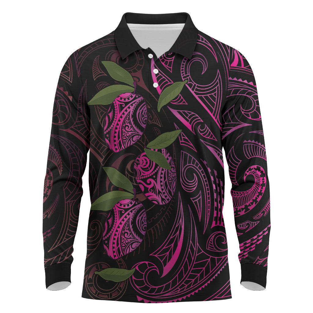 Hawaiian Mango Tribal Tattoo Long Sleeve Polo Shirt Pink Pacific Traditional Pattern LT9 Pink - Polynesian Pride