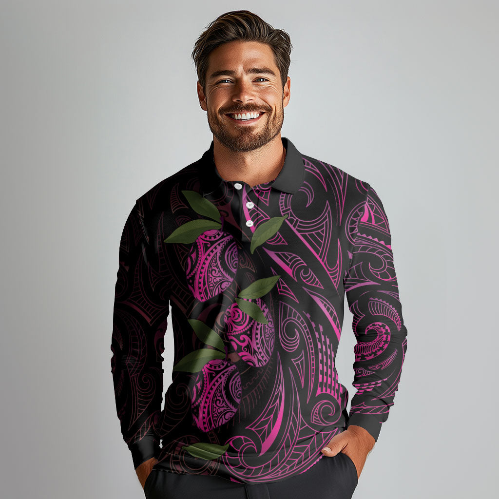 Hawaiian Mango Tribal Tattoo Long Sleeve Polo Shirt Pink Pacific Traditional Pattern LT9 - Polynesian Pride