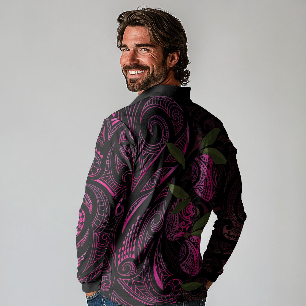 Hawaiian Mango Tribal Tattoo Long Sleeve Polo Shirt Pink Pacific Traditional Pattern LT9 - Polynesian Pride