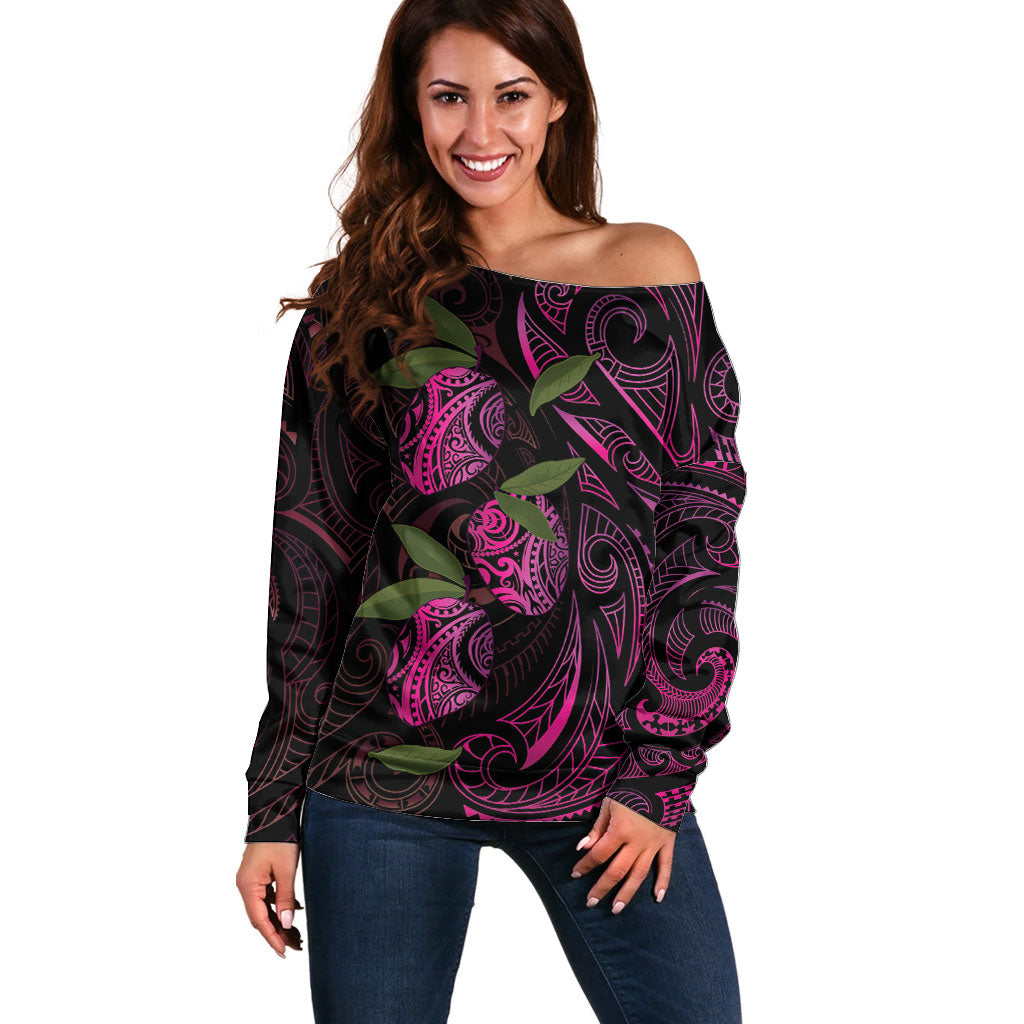 Hawaiian Mango Tribal Tattoo Off Shoulder Sweater Pink Pacific Traditional Pattern LT9 Women Pink - Polynesian Pride