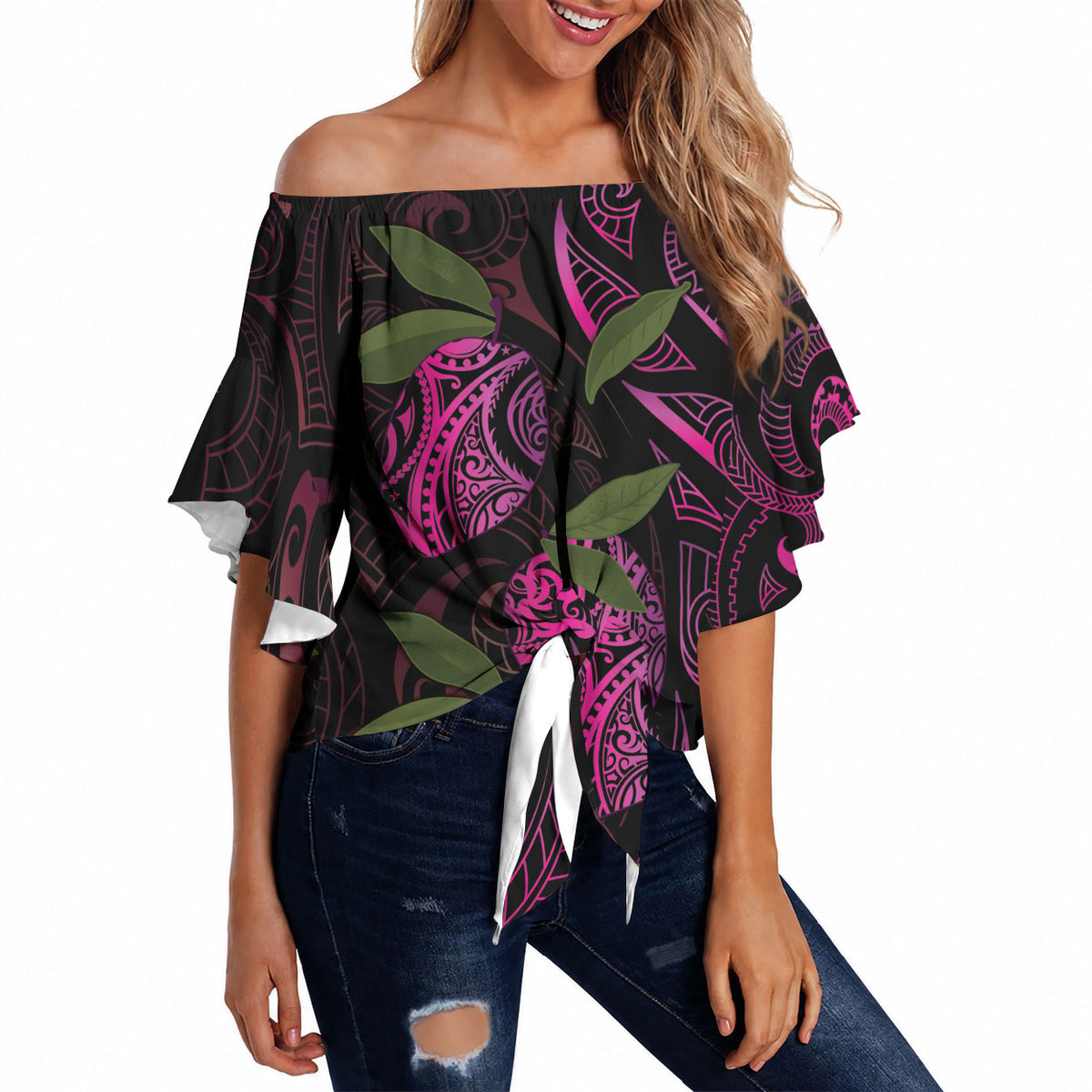 Hawaiian Mango Tribal Tattoo Off Shoulder Wrap Waist Top Pink Pacific Traditional Pattern LT9 - Polynesian Pride