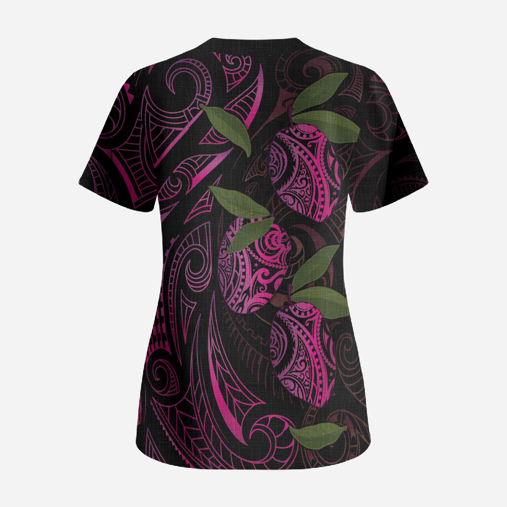 Hawaiian Mango Tribal Tattoo Scrub Top Pink Pacific Traditional Pattern LT9 - Polynesian Pride