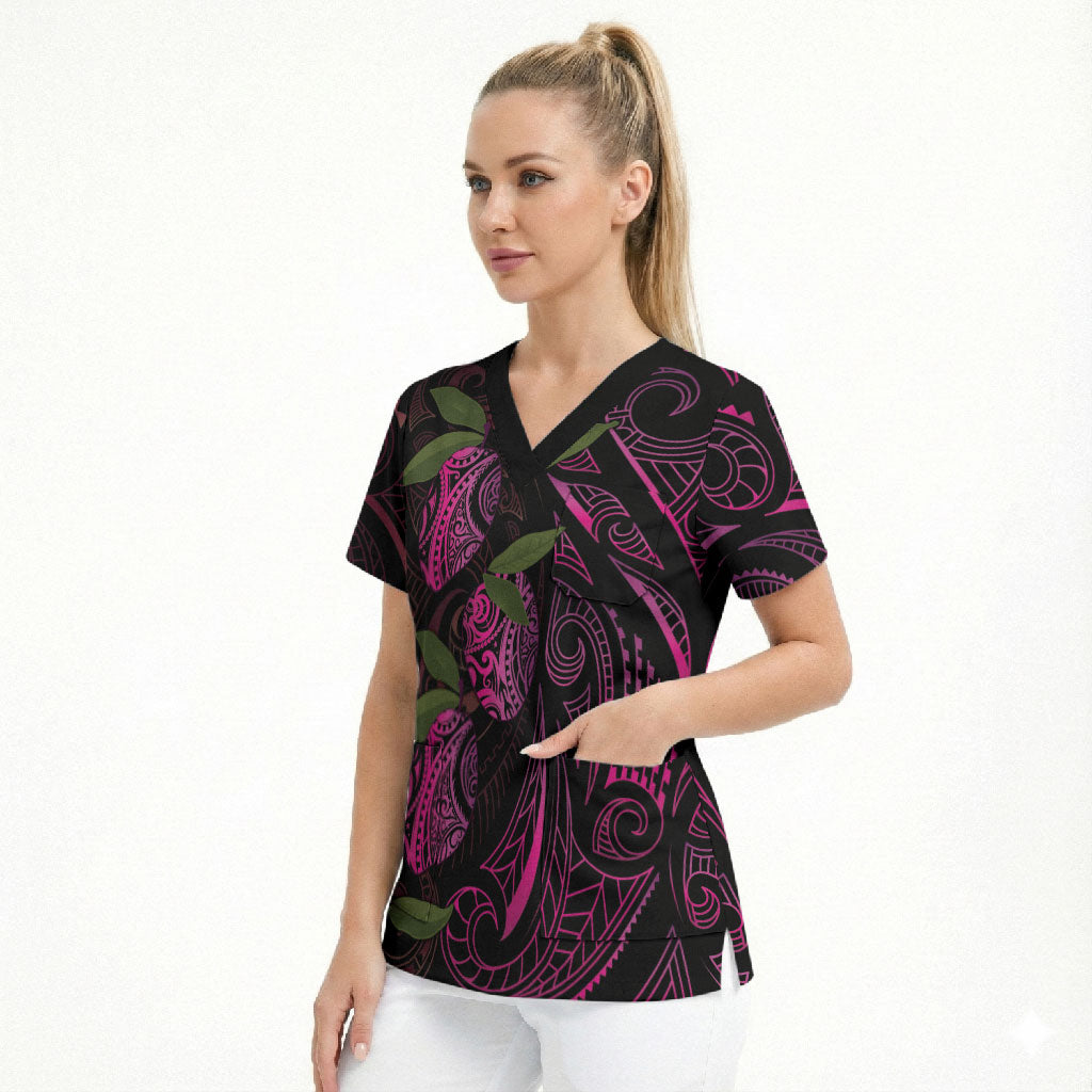 Hawaiian Mango Tribal Tattoo Scrub Top Pink Pacific Traditional Pattern LT9 - Polynesian Pride