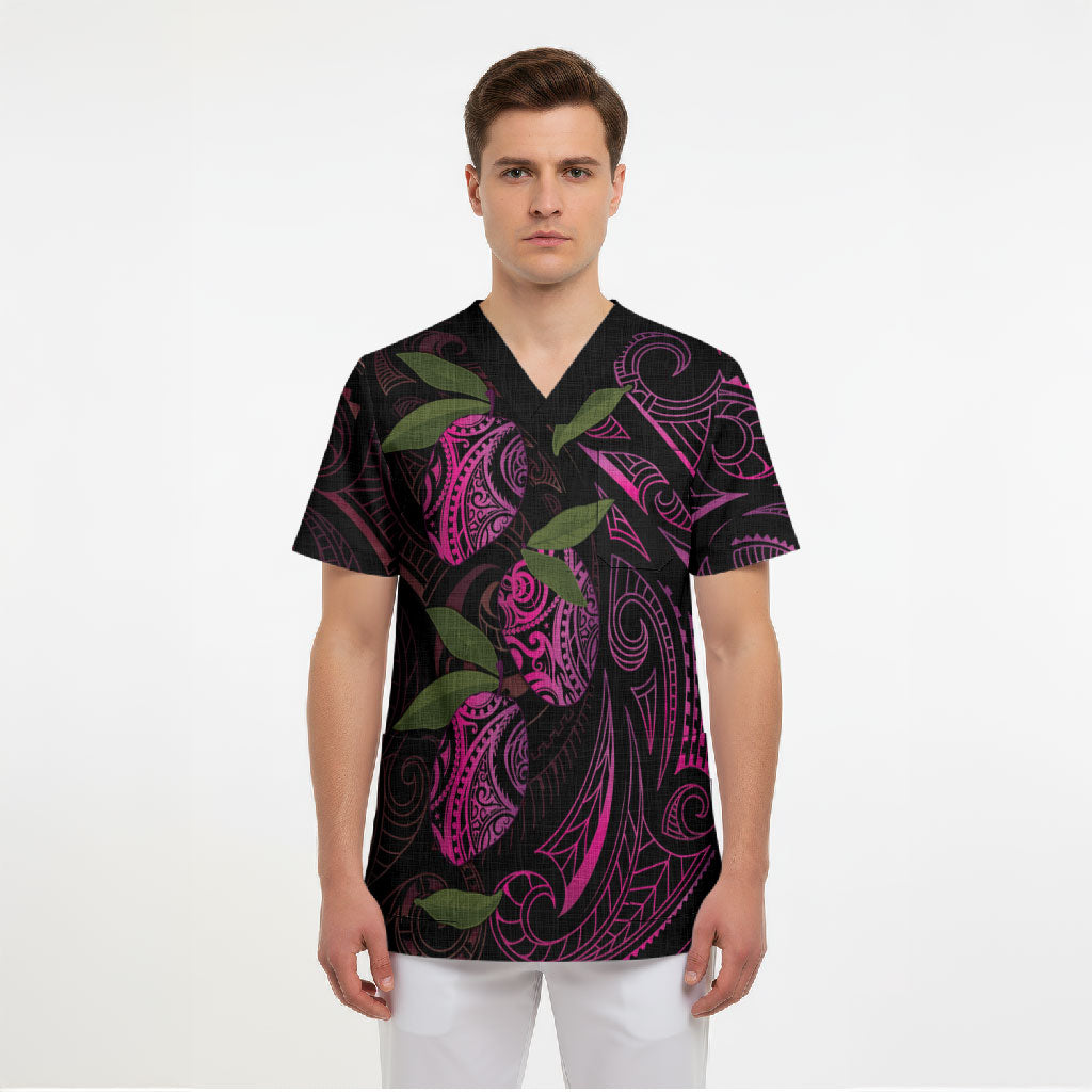 Hawaiian Mango Tribal Tattoo Scrub Top Pink Pacific Traditional Pattern LT9 - Polynesian Pride