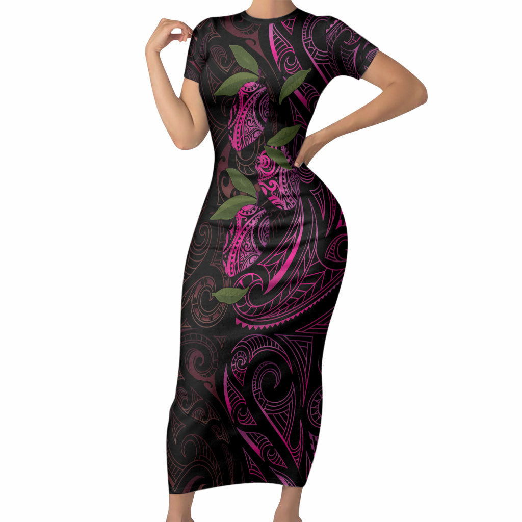 Hawaiian Mango Tribal Tattoo Short Sleeve Bodycon Dress Pink Pacific Traditional Pattern LT9 Long Dress Pink - Polynesian Pride