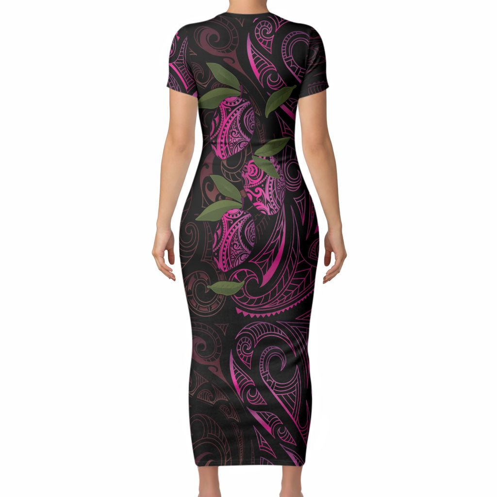 Hawaiian Mango Tribal Tattoo Short Sleeve Bodycon Dress Pink Pacific Traditional Pattern LT9 - Polynesian Pride