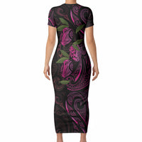 Hawaiian Mango Tribal Tattoo Short Sleeve Bodycon Dress Pink Pacific Traditional Pattern LT9 - Polynesian Pride