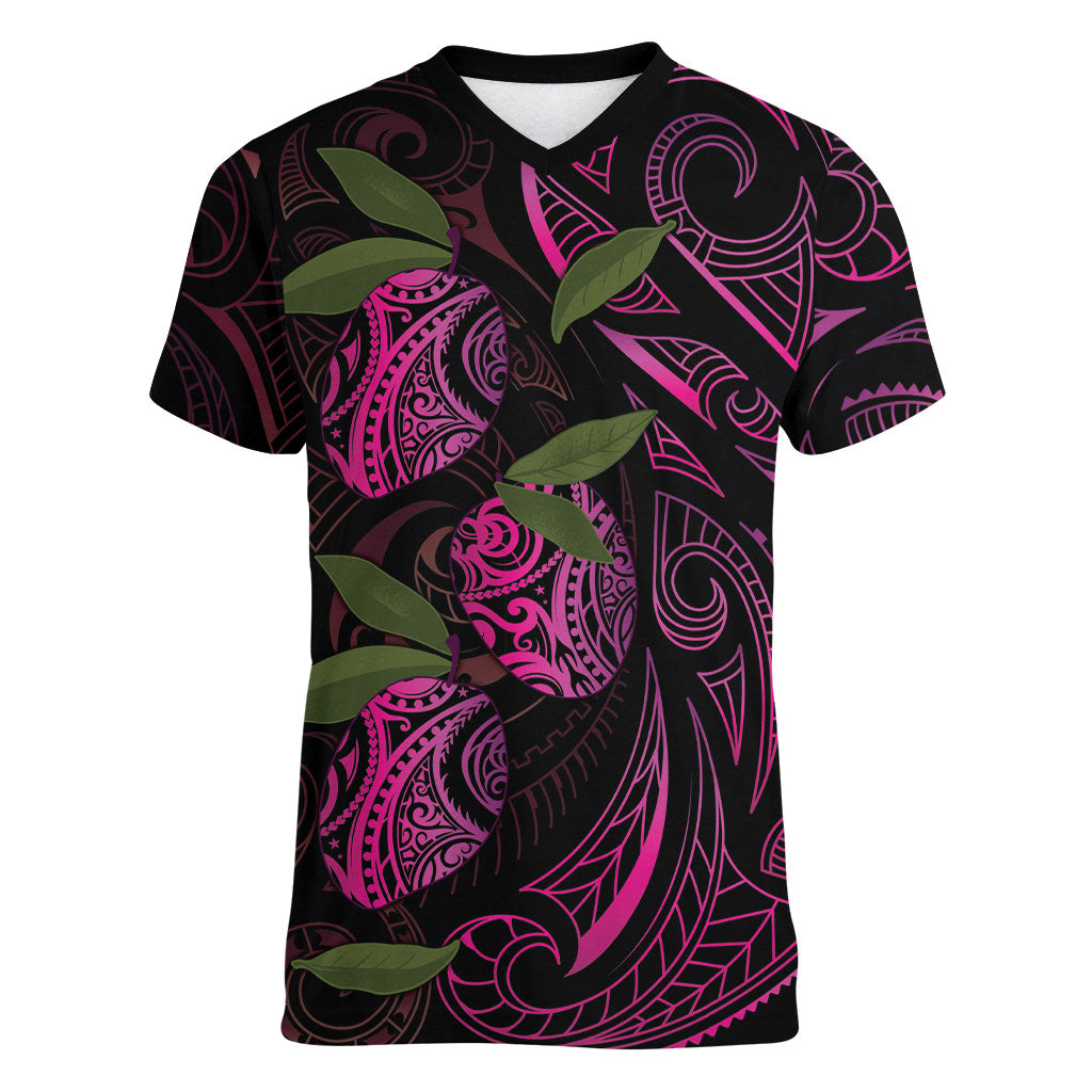 Hawaiian Mango Tribal Tattoo Women V-Neck T-Shirt Pink Pacific Traditional Pattern LT9 Female Pink - Polynesian Pride