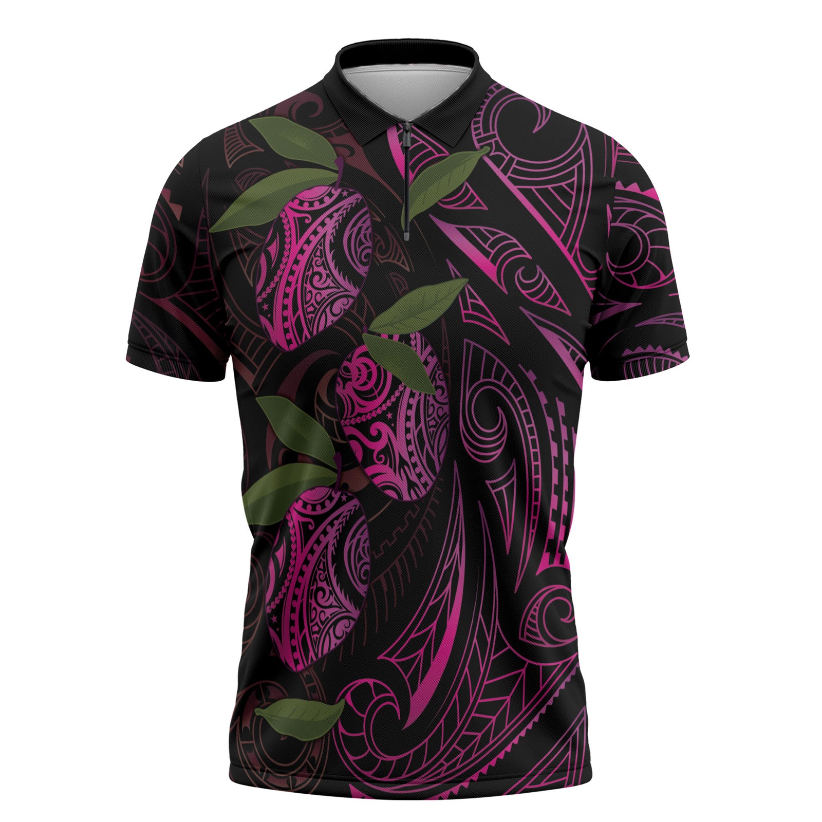 Hawaiian Mango Tribal Tattoo Zipper Polo Shirt Pink Pacific Traditional Pattern LT9 Pink - Polynesian Pride