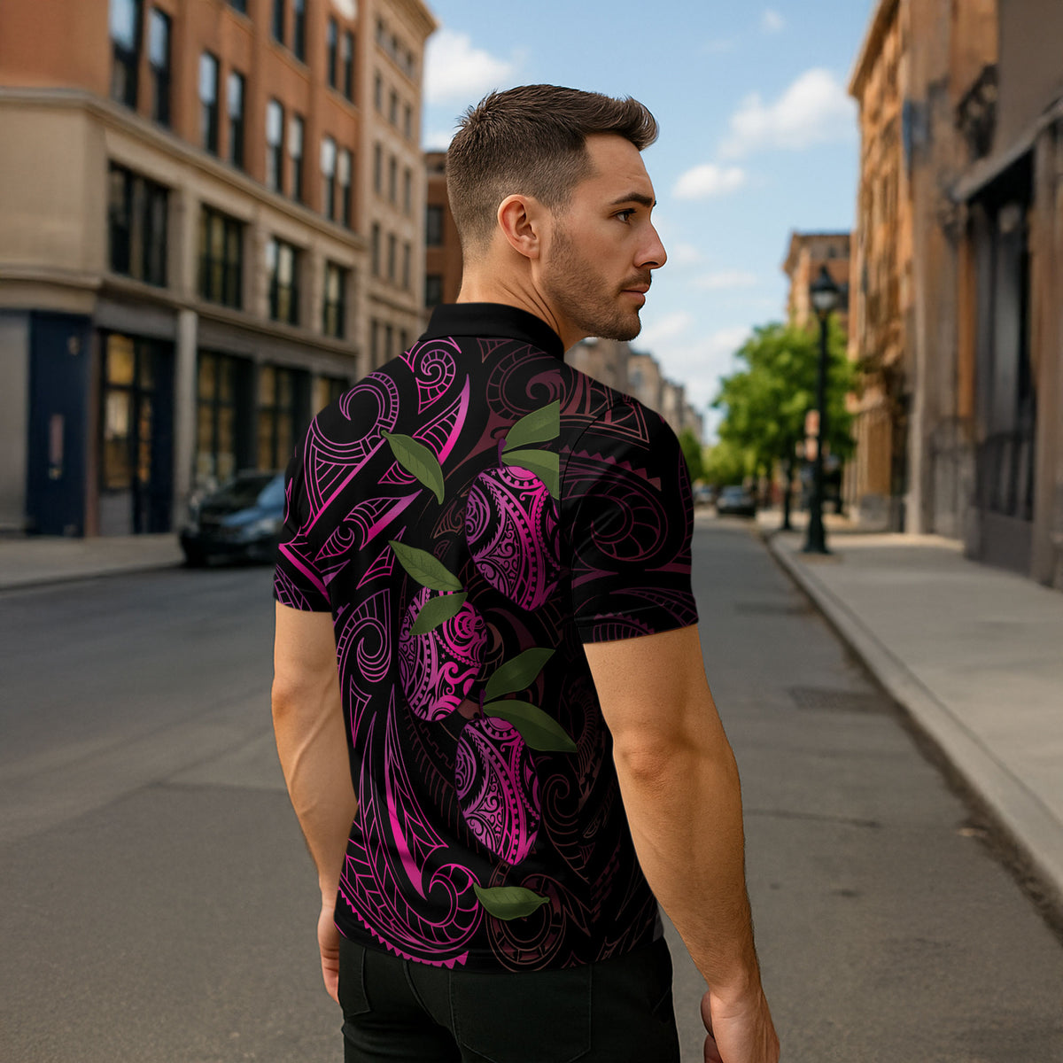 Hawaiian Mango Tribal Tattoo Zipper Polo Shirt Pink Pacific Traditional Pattern LT9 - Polynesian Pride