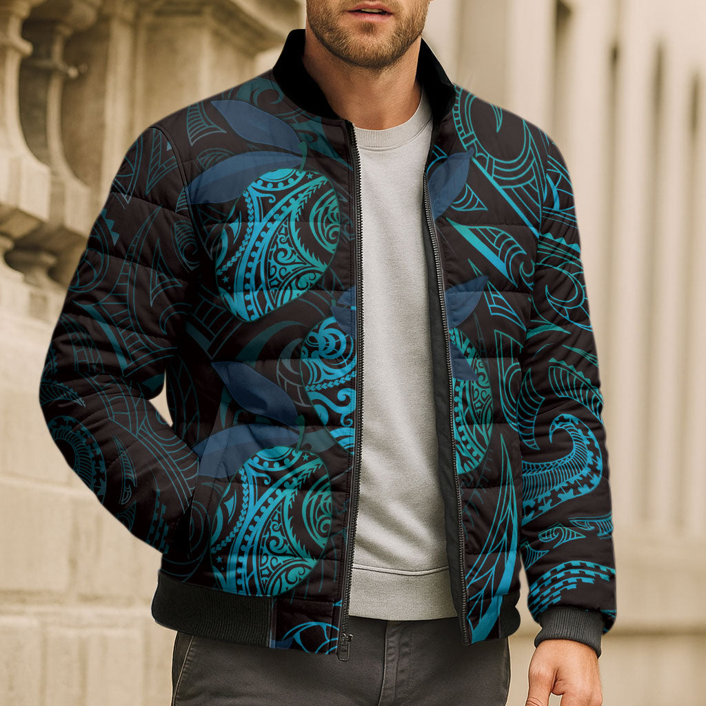 Hawaiian Mango Tribal Tattoo Bomber Puffer Jacket Teal Pacific Traditional Pattern LT9 - Polynesian Pride