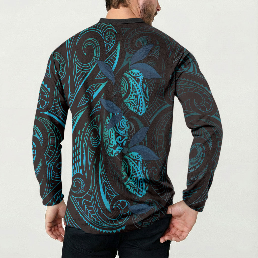 Hawaiian Mango Tribal Tattoo Button Sweatshirt Teal Pacific Traditional Pattern LT9 - Polynesian Pride