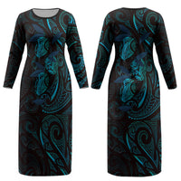 Hawaiian Mango Tribal Tattoo Couples Matching Long Sleeve Bodycon Dress and Hawaiian Shirt Teal Pacific Traditional Pattern LT9 - Polynesian Pride