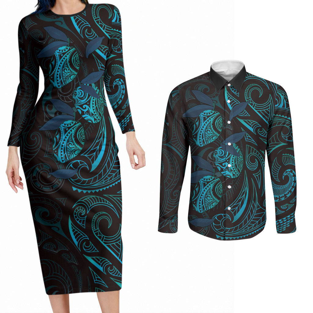 Hawaiian Mango Tribal Tattoo Couples Matching Long Sleeve Bodycon Dress and Long Sleeve Button Shirt Teal Pacific Traditional Pattern LT9 Teal - Polynesian Pride