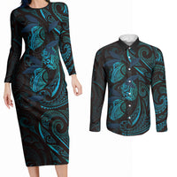 Hawaiian Mango Tribal Tattoo Couples Matching Long Sleeve Bodycon Dress and Long Sleeve Button Shirt Teal Pacific Traditional Pattern LT9 Teal - Polynesian Pride