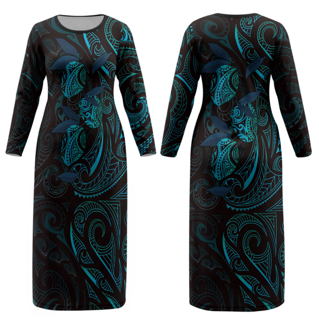 Hawaiian Mango Tribal Tattoo Couples Matching Long Sleeve Bodycon Dress and Long Sleeve Button Shirt Teal Pacific Traditional Pattern LT9 - Polynesian Pride