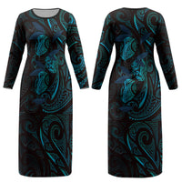 Hawaiian Mango Tribal Tattoo Couples Matching Long Sleeve Bodycon Dress and Long Sleeve Button Shirt Teal Pacific Traditional Pattern LT9 - Polynesian Pride
