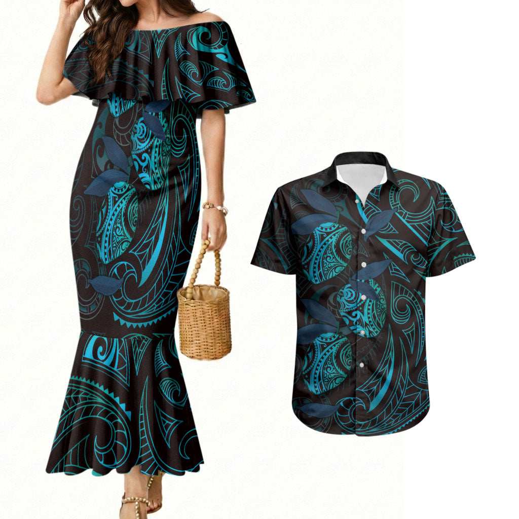 Hawaiian Mango Tribal Tattoo Couples Matching Mermaid Dress and Hawaiian Shirt Teal Pacific Traditional Pattern LT9 Teal - Polynesian Pride