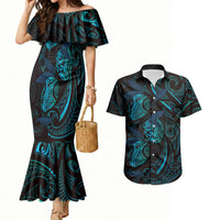 Hawaiian Mango Tribal Tattoo Couples Matching Mermaid Dress and Hawaiian Shirt Teal Pacific Traditional Pattern LT9 Teal - Polynesian Pride