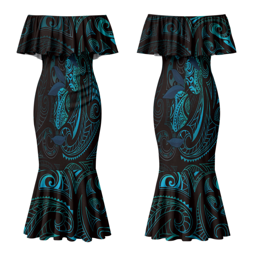 Hawaiian Mango Tribal Tattoo Couples Matching Mermaid Dress and Hawaiian Shirt Teal Pacific Traditional Pattern LT9 - Polynesian Pride