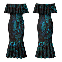 Hawaiian Mango Tribal Tattoo Couples Matching Mermaid Dress and Hawaiian Shirt Teal Pacific Traditional Pattern LT9 - Polynesian Pride