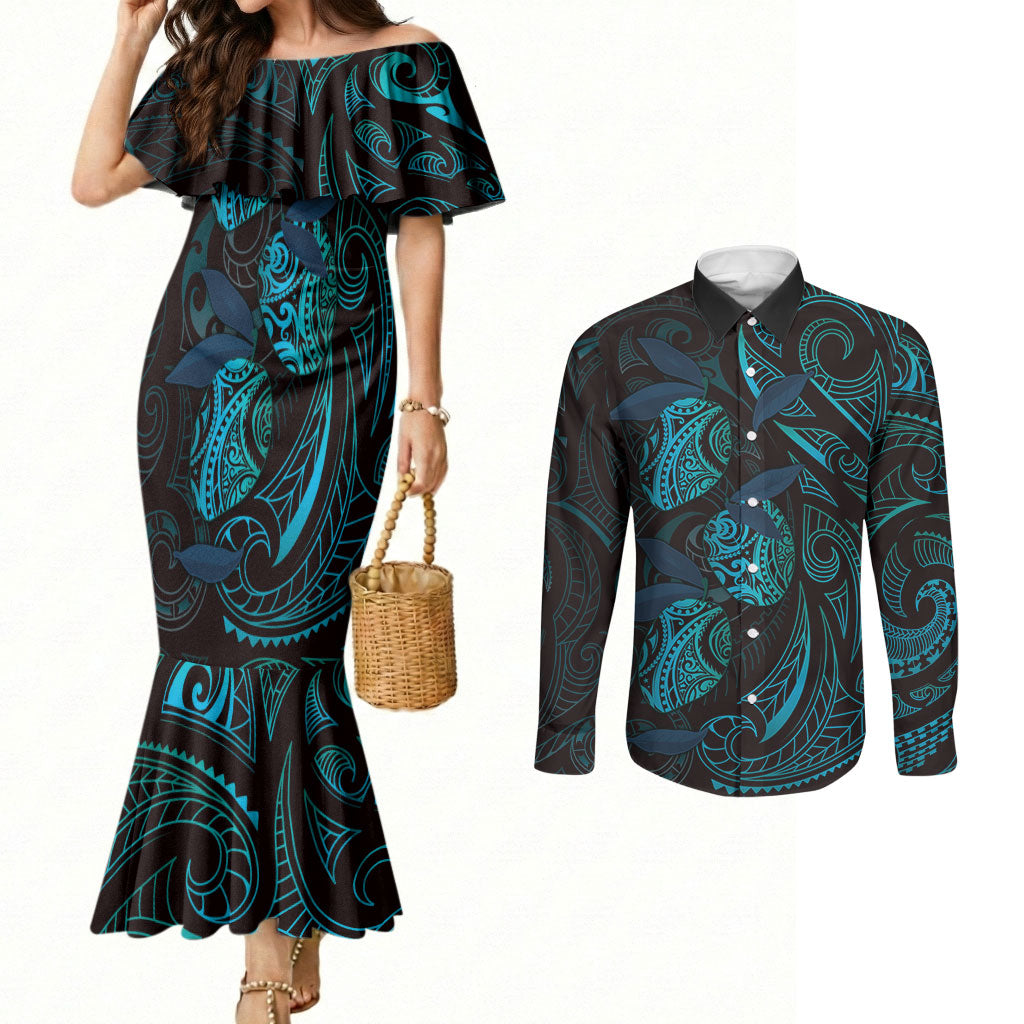 Hawaiian Mango Tribal Tattoo Couples Matching Mermaid Dress and Long Sleeve Button Shirt Teal Pacific Traditional Pattern LT9 Teal - Polynesian Pride