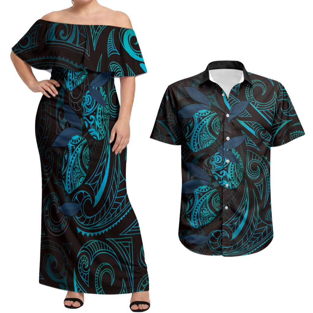 Hawaiian Mango Tribal Tattoo Couples Matching Off Shoulder Maxi Dress and Hawaiian Shirt Teal Pacific Traditional Pattern LT9 Teal - Polynesian Pride