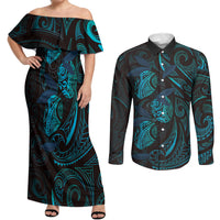 Hawaiian Mango Tribal Tattoo Couples Matching Off Shoulder Maxi Dress and Long Sleeve Button Shirt Teal Pacific Traditional Pattern LT9 Teal - Polynesian Pride