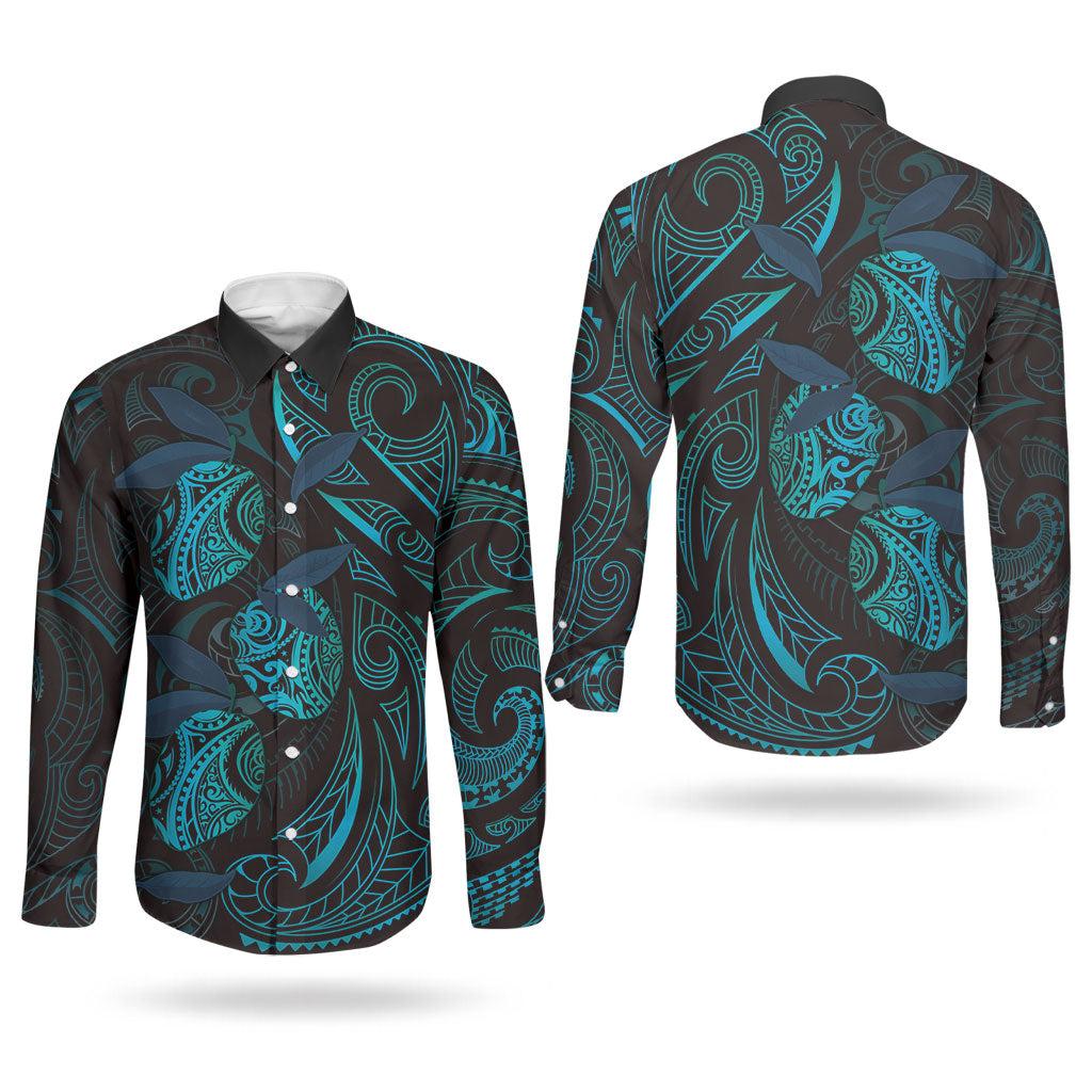 Hawaiian Mango Tribal Tattoo Couples Matching Off Shoulder Maxi Dress and Long Sleeve Button Shirt Teal Pacific Traditional Pattern LT9 - Polynesian Pride
