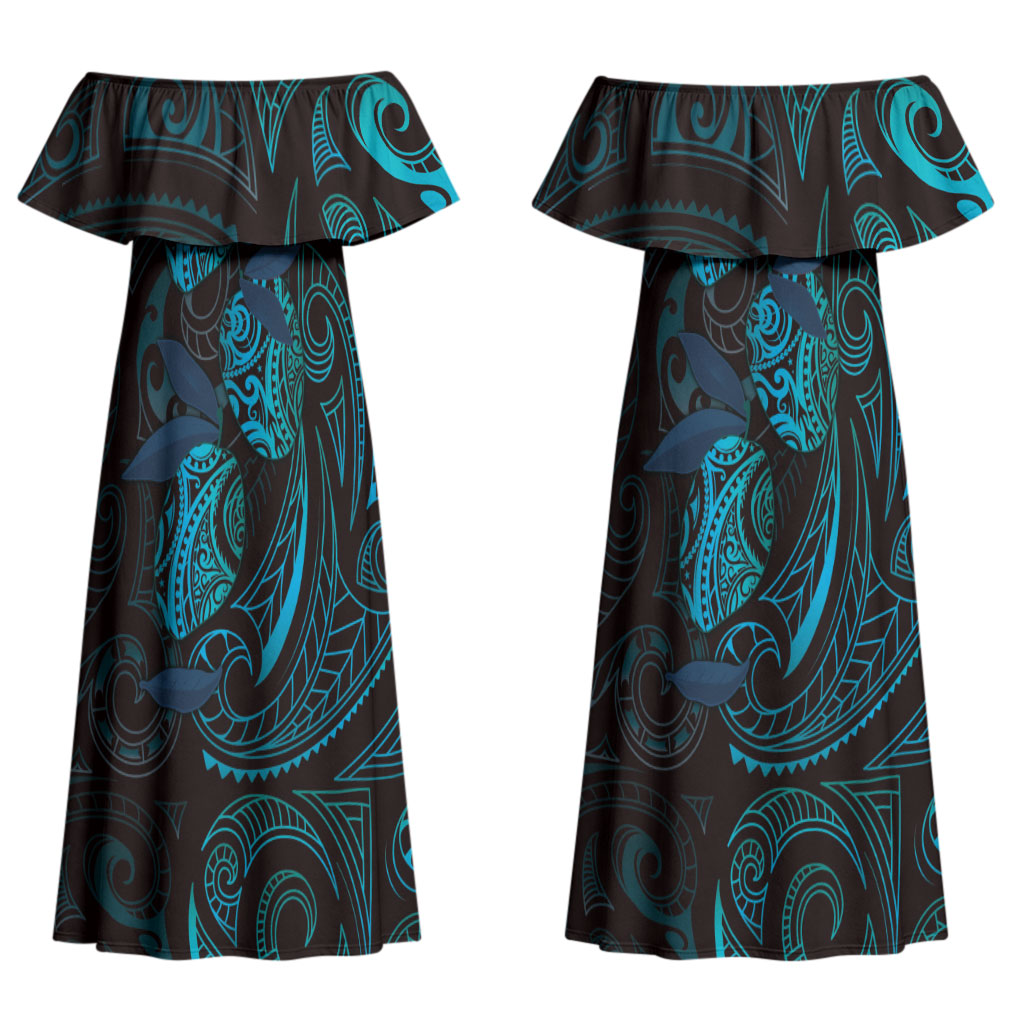 Hawaiian Mango Tribal Tattoo Couples Matching Off Shoulder Maxi Dress and Long Sleeve Button Shirt Teal Pacific Traditional Pattern LT9 - Polynesian Pride