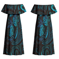 Hawaiian Mango Tribal Tattoo Couples Matching Off Shoulder Maxi Dress and Long Sleeve Button Shirt Teal Pacific Traditional Pattern LT9 - Polynesian Pride