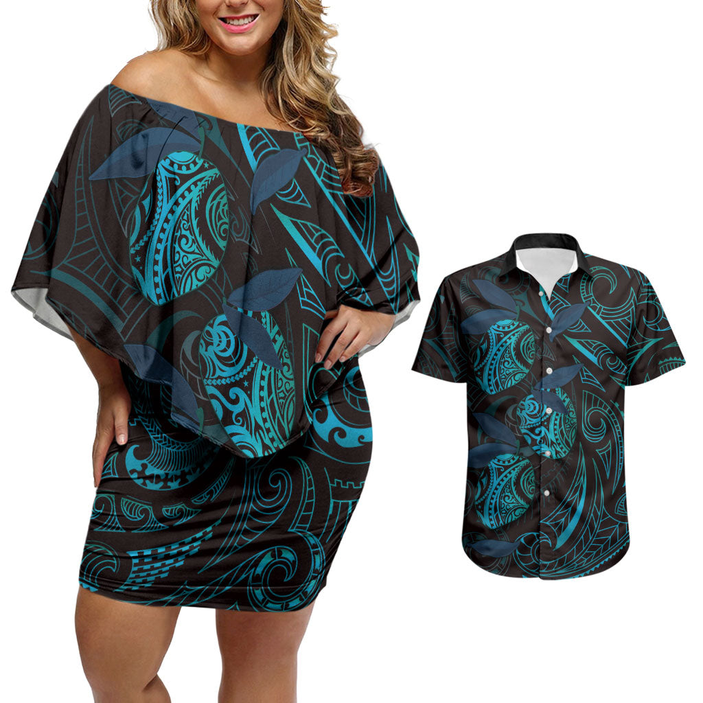 Hawaiian Mango Tribal Tattoo Couples Matching Off Shoulder Short Dress and Hawaiian Shirt Teal Pacific Traditional Pattern LT9 Teal - Polynesian Pride