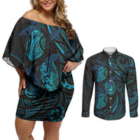 Hawaiian Mango Tribal Tattoo Couples Matching Off Shoulder Short Dress and Long Sleeve Button Shirt Teal Pacific Traditional Pattern LT9 Teal - Polynesian Pride