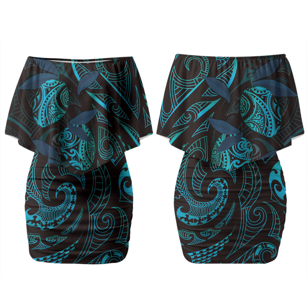 Hawaiian Mango Tribal Tattoo Couples Matching Off Shoulder Short Dress and Long Sleeve Button Shirt Teal Pacific Traditional Pattern LT9 - Polynesian Pride