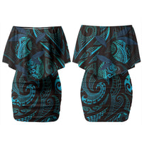 Hawaiian Mango Tribal Tattoo Couples Matching Off Shoulder Short Dress and Long Sleeve Button Shirt Teal Pacific Traditional Pattern LT9 - Polynesian Pride