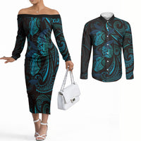 Hawaiian Mango Tribal Tattoo Couples Matching Off The Shoulder Long Sleeve Dress and Long Sleeve Button Shirt Teal Pacific Traditional Pattern LT9 Teal - Polynesian Pride