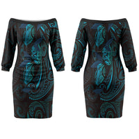 Hawaiian Mango Tribal Tattoo Couples Matching Off The Shoulder Long Sleeve Dress and Long Sleeve Button Shirt Teal Pacific Traditional Pattern LT9 - Polynesian Pride